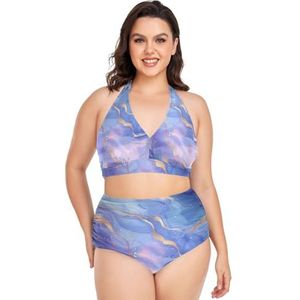 Paars Marmer Koper Metallic Vrouwen Bikini Sets Plus Size Badpak Twee Stukken Hoge Taille Strandkleding Meisjes Badpakken, Pop Mode, 4XL