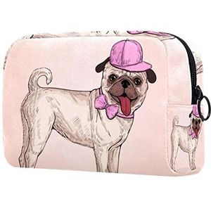 Mooie Pug Hond met Roze Cap Print Reizen Cosmetische Tas voor Vrouwen en Meisjes, Kleine Make-up Tas Rits Pouch Toiletry Organizer, Meerkleurig, 18.5x7.5x13cm/7.3x3x5.1in, Mode