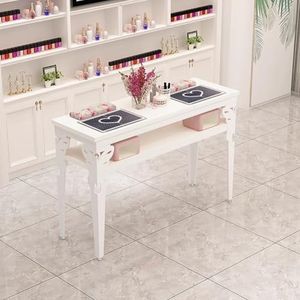 PA-DABAOO Manicuretafel in Europese Stijl, Nagelstylistetafel Met Open Planken En Lade, Werkstation Voor Nagelverzorging, Apparatuur Voor Schoonheidssalons, Metalen Frame, Verstelbare Poten,160cm