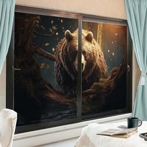 Retro beer privacy raamfilm bruin bos dier rustiek glas in lood raambekleding geen lijm statische hechting raamfolie voor thuiskantoor winkels 80 x 120 cm x 2 stuks