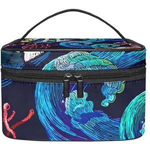 Retro blauwe Chinese draak wolken make-up tas voor vrouwen meisjes cosmetische tassen met handvat reizen make-up organizer tas, Vintage Retro borduurwerk Oceaan Fish Wave, 8.9x5.9x5.4 Inches, Make-up zakje