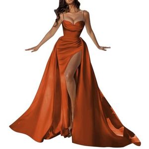 Satijnen Galajurken voor Vrouwen Zeemeermin Formele Avondbaljurken met spleet Ceremonie Jurken Plus Size, Verbrand Oranje, 32