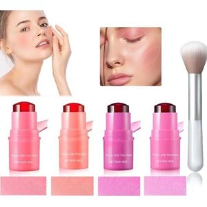 4PCS Milk Makeup Cooling Water Jelly Tint Lip And Cheek Blush Stain, 3-In-1 Milk Makeup Water Jelly Tint Stick, Sheer Lip Cheek Stain Solid Moisturizer Stick with Makeup Brush