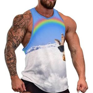 Giraf met zonnebril en regenboog heren tanktop grafische mouwloze bodybuilding T-shirts casual strand T-shirt grappige gym spier