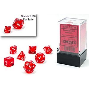 Chessex Dobbelstenen set - 10 mm doorschijnende rood/witte kunststof polyedrische dobbelstenen set - kerkers en draken D&D DND TTRPG dobbelstenen - inclusief 7 dobbelstenen - D4 D6 D8 D10 D12 D20 D%