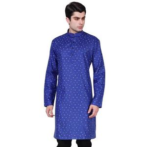 SKAVIJ Heren katoenen tuniek met lange mouwen bedrukt Kurta, Blauw, S