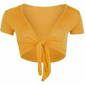 TrendyFashion Dames Casual Tie Up Crop Top Vrouwen Korte Mouw Stretch Open Top Womens Casual Open Front Bolero Shrug, Mosterd, 46-48