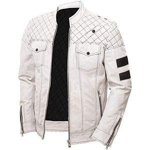 JACKETZONE Witte leren herenjassen, gewatteerd wit bikerjack met zwarte strepen, Wit, M