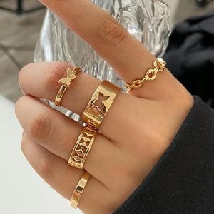 Vintage Koreaanse gouden zilveren kleur parel ringen Set sieraden voor meisjes vlinder holle hart Ring voor vrouwen - AR0040
