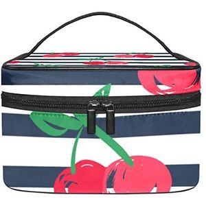 Rode kersen blauw wit strepen make-up organizer tas, reizen make-up tas organizer case draagbare cosmetische tas voor vrouwen en meisjes toiletartikelen, Meerkleurig, 22.5x15x13.8cm/8.9x5.9x5.4in
