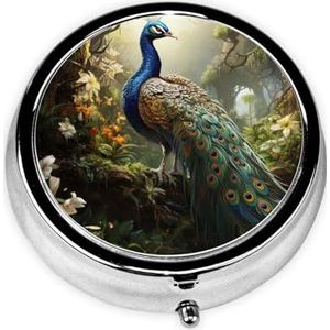 Pauw op de boom print ronde pillendoos schattige mini metalen pillendoosje met 3 compartimenten draagbare pillendoos medicijnorganizer voor zak portemonnee