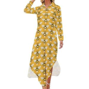 Vintage Bumble Bee Maxi-jurk voor dames, lange mouwen, knoopjurk, casual feestjurk, lange jurk, XL