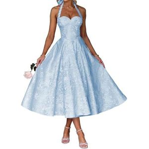 AHERKLL Spaghetti Bandjes Bruidsmeisjes Jurken Jacquard Satijn Halter Formele Avond Feest Maxi Jurk HAH046, Hemelsblauw, 32