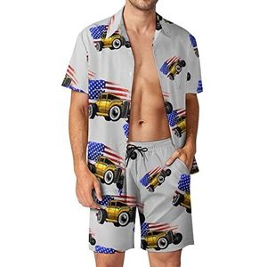 Amerikaanse vlag spier auto mannen Hawaiiaanse bijpassende set 2-delige outfits button down shirts en shorts voor strandvakantie