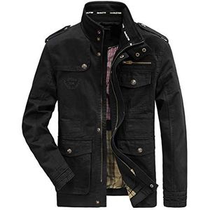 Heren klassieke jas puur katoen militaire jas multi-pocket casual jas, Zwart, XL