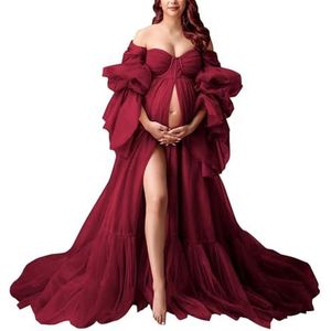 KIYNE Zwangerschapsjurk met lange mouwen voor fotoshoot, tule bruidsjurk, zwangerschapsjurk voor babyborrel, wijnrood, 32