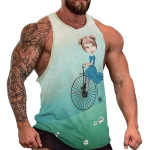 Magie met Meisje Rijden Fiets Heren Tank Top Grafische Mouwloze Bodybuilding Tees Casual Strand T-Shirt Grappige Gym Spier