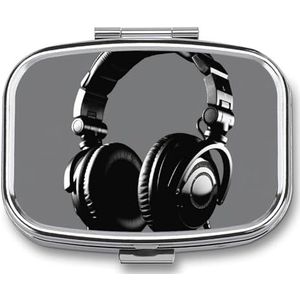 Hoofdtelefoon Gedrukt Draagbare Pillencontainer Reizen Pillen Gevallen met Spiegel 2 Compartiment Medicijndoos Decoratieve Metalen Geneeskunde voor Pocket Purse Reizen Dagelijks