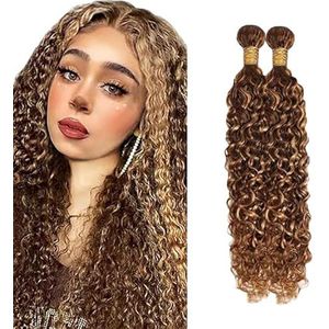 Salharer Water Wave Human Hair Bundles 2 Extension Machine Double Wefts Unprocessed Remy Weave Highlight Blonde Color for Woman 16 18 Inch