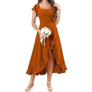 HPPEE Flutter Mouw Chiffon Bruidsmeisjesjurken voor Vrouwen Vierkante Hals Korte Avond Formele Jurk, Verbrand Oranje, 32