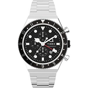 Timex Q chronograaf horloge voor heren, Zilverkleur/Zwart, Eén maat, 40 mm Q GMT Chronograaf