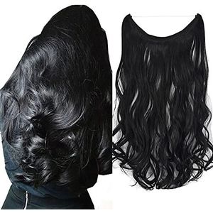 iLUU # Haarextensions, krullen, golvend kunsthaar, 45,7 cm, 80 gram, 1BJ natuurlijke zwarte kleur, vislijn, geheime onzichtbare verborgen haarverlenging