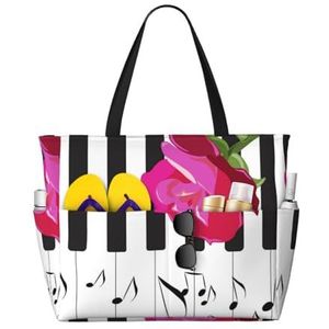 HDTVTV Abstracte pianomuziek en rode roos bloemen, grote strandtas schoudertas voor vrouwen - draagtas handtas met handgrepen, zoals afgebeeld, Eén maat