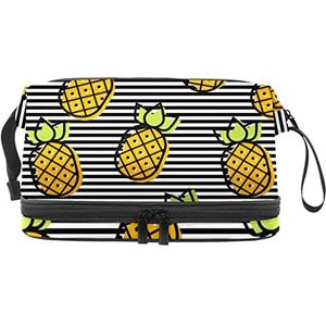 Dubbele Laag Cosmetische Tas Geel Fruit Ananas Zwarte Strepen Draagbare Make-up Tas Reizen Organizer Pouch voor Vrouwen Meisjes Toiletartikelen Tassen, Meerkleurig, 27x15x14 cm/10.6x5.9x5.5 in, Make-up zakje