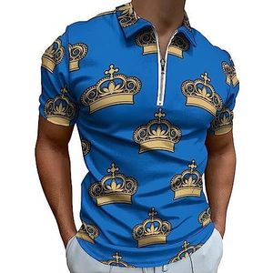 Golden Royal Crowns poloshirt voor heren, casual T-shirts met rits en kraag, golftops, slim fit