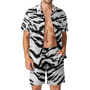 Witte tijgerpatroon Hawaiiaanse bijpassende set voor heren, 2-delige outfits, overhemden en shorts met knopen voor strandvakantie