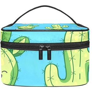 Gelukkig Glimlachende Cactus Potted Plant Blauwe Make-up Organizer Bag, Reizen Make-up Tas Organizer Case Draagbare Cosmetische Tas voor Vrouwen en Meisjes Toiletartikelen, Meerkleurig, 22.5x15x13.8cm/8.9x5.9x5.4in