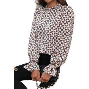 dames topjes Damesblouse met volledige print en uitlopende mouwen - Casual top met opstaande kraag en ruches (Color : Multicolore, Size : L)