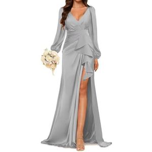 Prinses Bruidsmeisje Jurken Lange Mouw Galajurken V-hals Satijn Formele Avondfeest Maxi Jurk ZM198, Zilver, 32