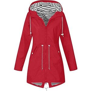 Dames outdoor eenkleurige jas middellange outdoor jas met capuchon waterdicht en winddicht windjack overgangsjas voor wandelen top coat ademend regenjas S-3XL, rood, X-Large,