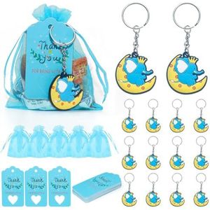 30 stuks babyshower gastgeschenk, PVC blauwe babyshower gunsten inbegrepen 30 baby olifant sleutelhangers, 30 organza zakken, 30 dank u Kraft tags thema feest retourgeschenken voor jongens meisjes