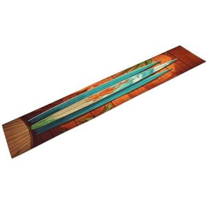 Elegante linnen tafelloper, surfplank op houten print, modern decor, duurzaam, gemakkelijk schoon te maken, perfect voor eetkamer, keuken en evenementen