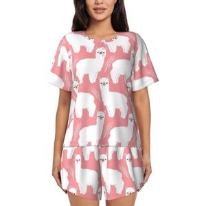 YQxwJL Alpaca Lama Print Vrouwen Pyjama Sets Shorts Korte Mouw Lounge Sets Nachtkleding Casual Pjs Met Zakken, Zwart, 3XL