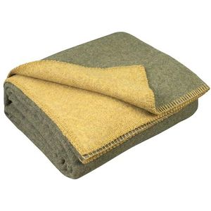 LYHome - Merino Wollen Deken - Olijfgroen en Mosterd - Plaid - 130 x 170 cm