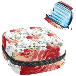 Maandverband Opbergtas, Menstruatiecup Pouch Tampon Bag, Menstruatie Pads Houder Organizer voor Vrouwen Meisjes, Rood Roze Rose Bloemenpatroon