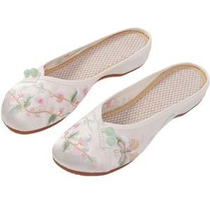 Hanfu-schoenen Voor Dames In Chinese Stijl Satijn Prachtige Bloemen Borduren Platte Pantoffels Zomer Zacht Comfort Ronde Neus Muilezels Schoenen(Color:White,Size:37 EU)