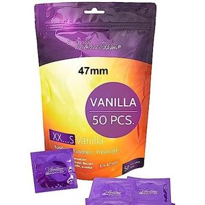 VIBRATISSIMO Condooms XXS Vanilla 50 stuks, premium met aroma, voor mannen, aroma met dunne wanddikte en gearomatiseerd, nauwe afmetingen en flinterzacht, b = 47 mm