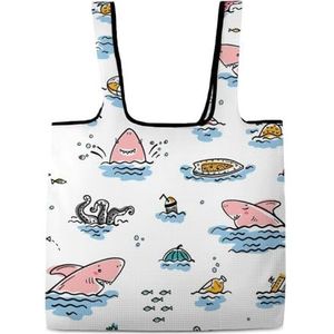 Doodle Leuke haai herbruikbare boodschappentas opvouwbare boodschappentas opslag draagtas tassen met handgrepen voor werk reizen