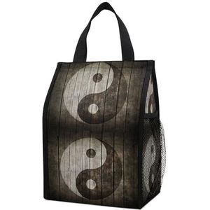 Ying Yang teken houten kunst draagbare lunchtas herbruikbare geïsoleerde koeler picknick draagtas opvouwbare tas met zak