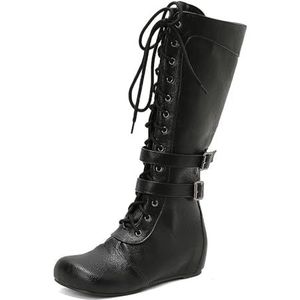 Retro Britse stijl dames vooraan veterschoenen patchwork ridder lange laarzen,zwart,34 EU