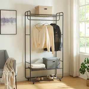 [en.casa] Kledingkast op wielen Vestvågøy open kast met kledingroede 176x90x40 cm kledingrek met 3 planken metaal zwart