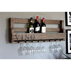 Houten wijnrek voor aan de muur - met glashouder met VINO opschrift - bruin - klaar gemonteerd - rek voor wijnflessen en wijnglazen