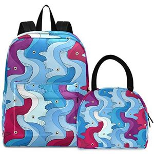 Rode blauwe abstracte visboekentas, lunchpakket, schouderrugzak, boekentas, kinderrugzak, geïsoleerde lunchbox-tas voor meisjes jongens, Patroon., Medium