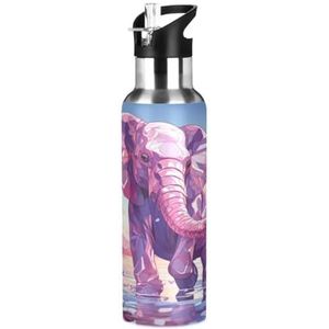 Abstracte roze olifant sport waterfles geïsoleerde roestvrijstalen grote vacuümfles lekbestendige thermoskan met rietje voor reizen (600 ml/1000 ml)