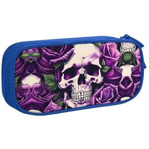 Yyoretp Grote Capaciteit Veel Paars Rose Schedel Print Potlood Case, Dubbellaags Rits Make-up Pouch Potlood Box Organizer., Blauw, Eén maat, Beauty Case