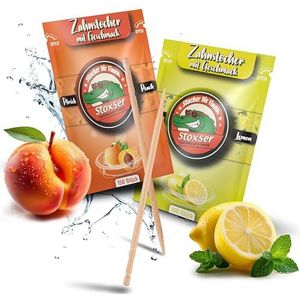 Stoxser Tandstokers met smaak, verpakking van 2 stuks, perzik en citroen/citroen, smaakrevolutie, geen kauwgom, ondersteunt tandpasta, tandsteenverwijderaar, tandzijde, suikervrij